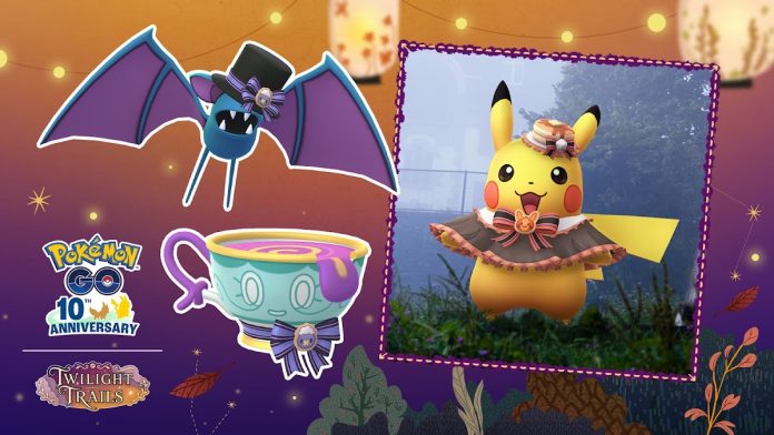 Halloween-themed Pokémon GO art with a top-hatted Zubat, a teacup Pokémon wearing a bow and Pikachu in a hat and capelet.