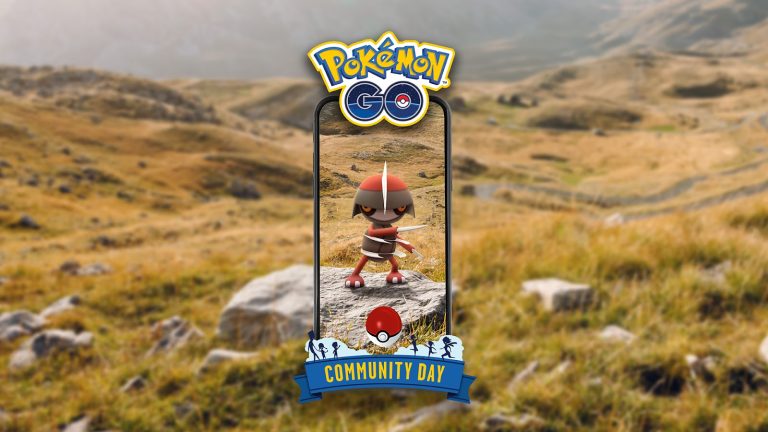 Pawniard stands on a rock on a grassy hillside inside a phone frame, with the Pokemon GO logo and a Community Day banner.