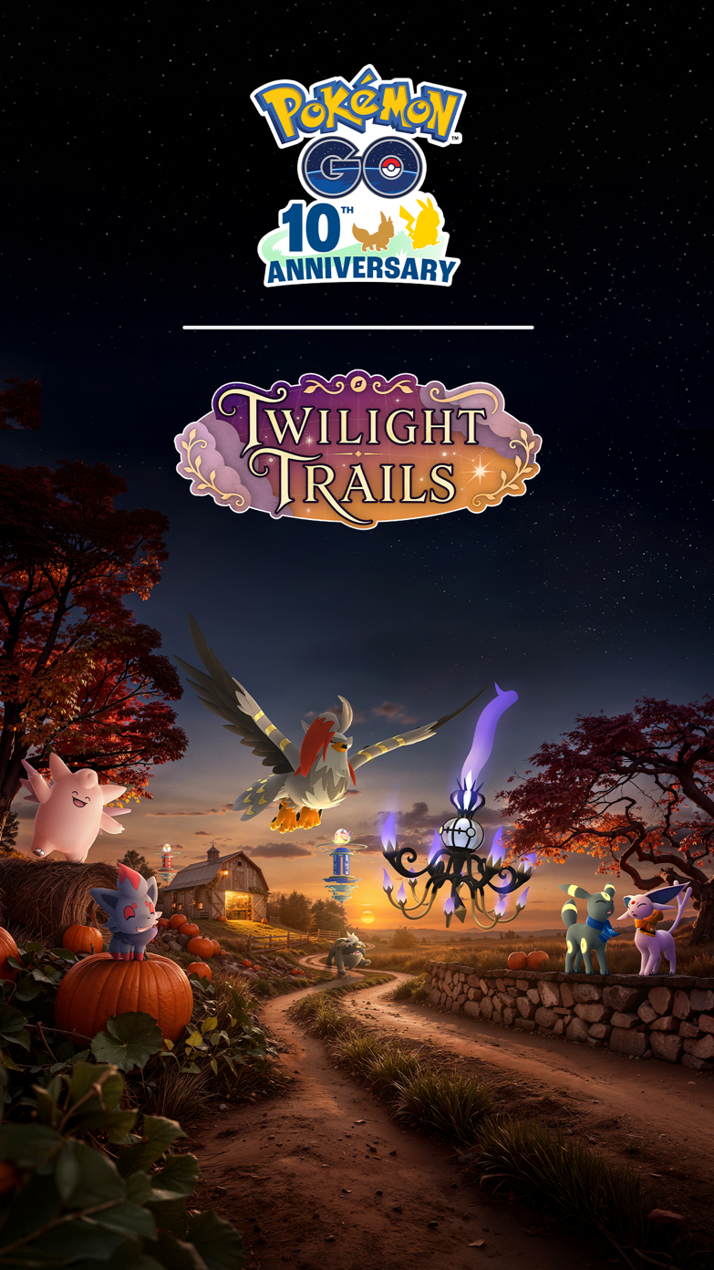 Pokémon GO 10th Anniversary Twilight Trails artwork, with Pokémon gathered on an autumn path lined with pumpkins at dusk.