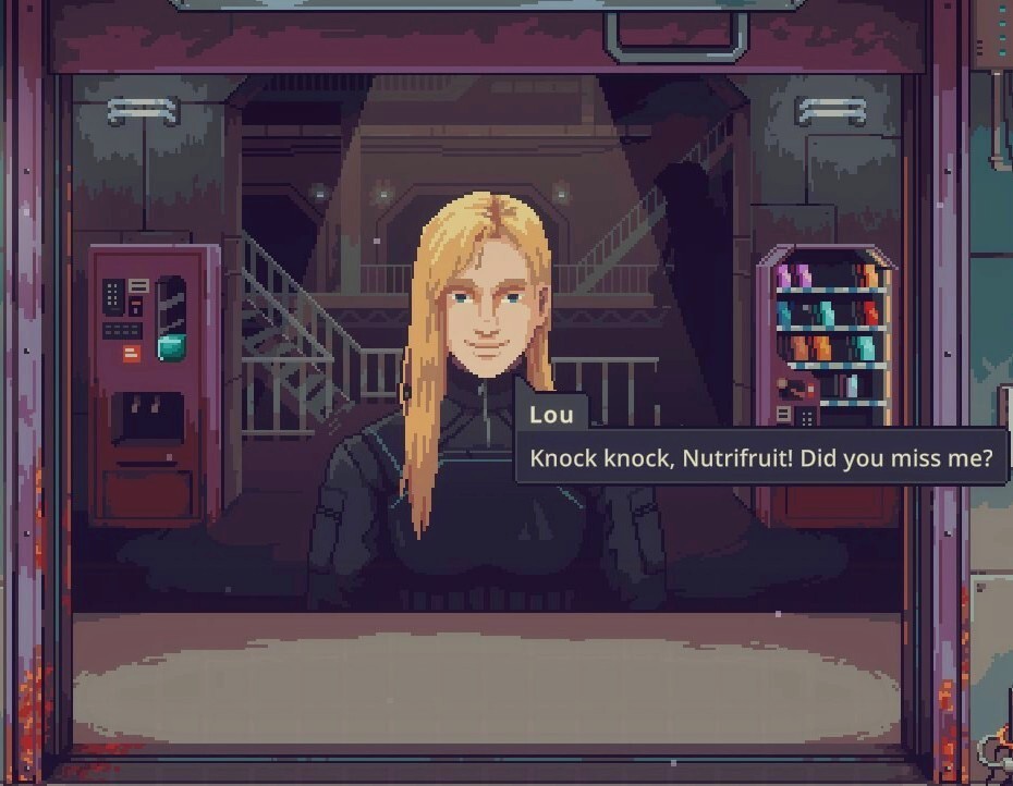 Lou, a blonde character in black, leans in at the shop window and says Knock knock, Nutrifruit! Did you miss me?