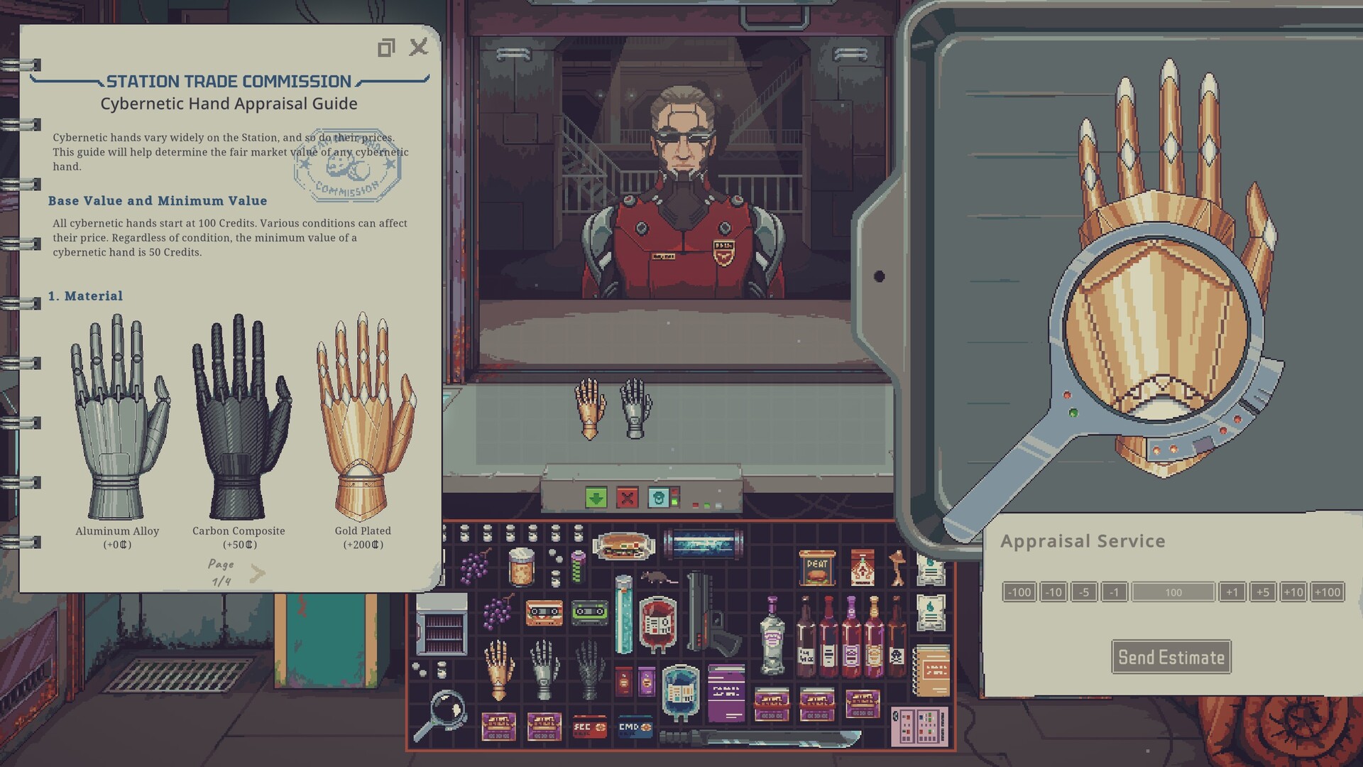 Appraising a golden cybernetic hand under a magnifying glass, beside a trade commission appraisal guide, in Probably Stolen