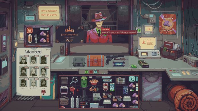 A pixel-art shop counter in Probably Stolen, with a customer in a red hat, a wanted board and shelves of goods