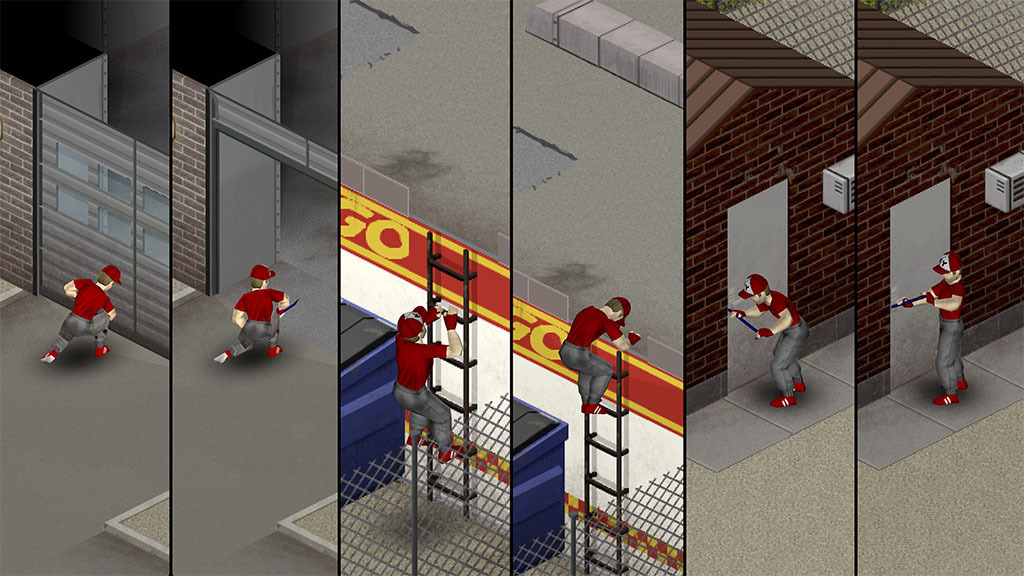 Project Zomboid: a sequence of panels showing a survivor using a crowbar on a garage door, a fence gate, a window and a door
