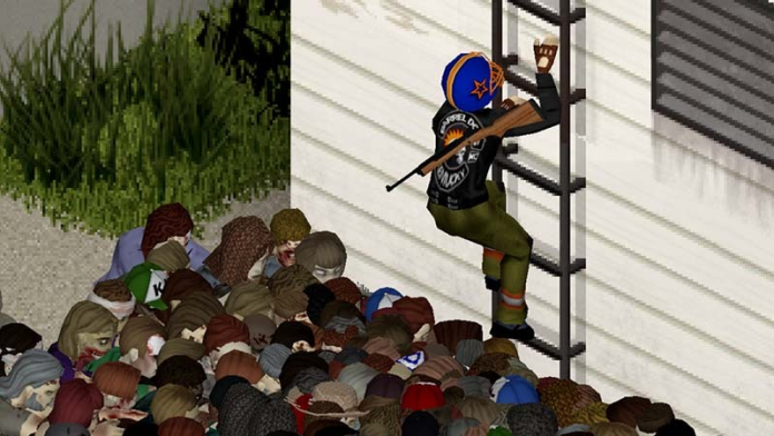 Project Zomboid: a survivor with a rifle climbs a ladder up a building wall above a packed crowd of zombies