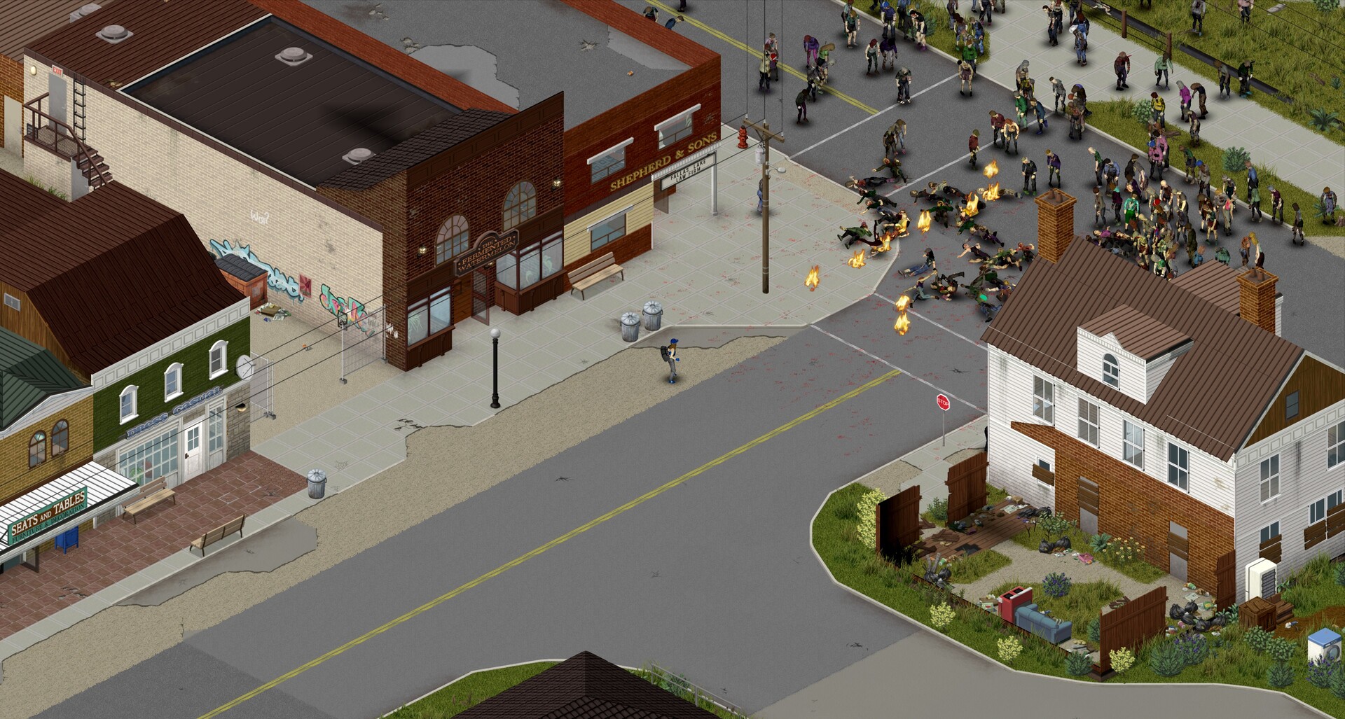 Project Zomboid: an isometric town street with a crowd of zombies gathered at an intersection