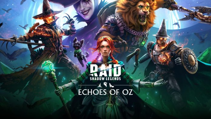 RAID Shadow Legends Echoes of Oz key art with a scarecrow and a lion. Image Plarium Echoes of Oz key art for RAID: Shadow Legends, with a pumpkin-headed scarecrow, a red-haired woman holding a staff, a lion and an armoured woodman around the RAID logo.
