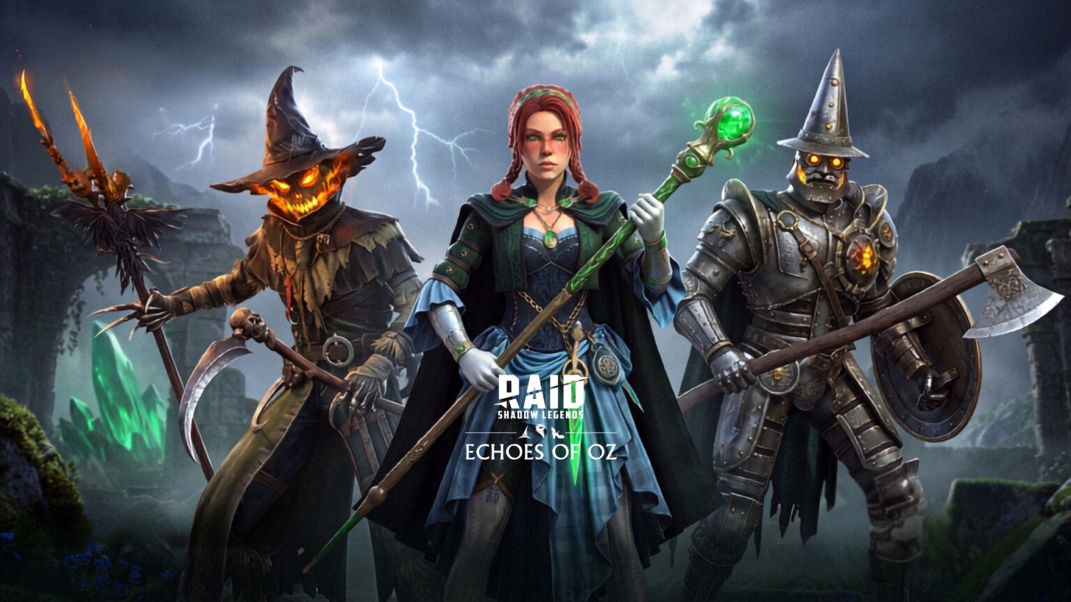 Three characters in Echoes of Oz key art: a pumpkin-headed scarecrow, a red-haired woman with a green-orbed staff and an armoured fighter with an axe, under a stormy sky.