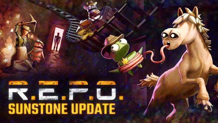 R.E.P.O. Sunstone Update art showing semibot robots on a rollercoaster track beside a wide-eyed horse