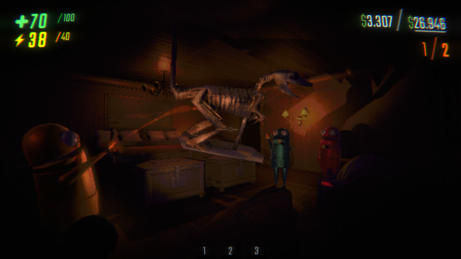 A small robot stands in a dim room beside a dinosaur skeleton display in R.E.P.O.
