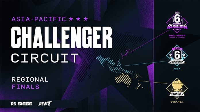 Rainbow Six Siege Asia-Pacific Challenger Circuit Regional Finals graphic with the North Rebellion, Elite Community Series and The Gauntlet Oceania logos