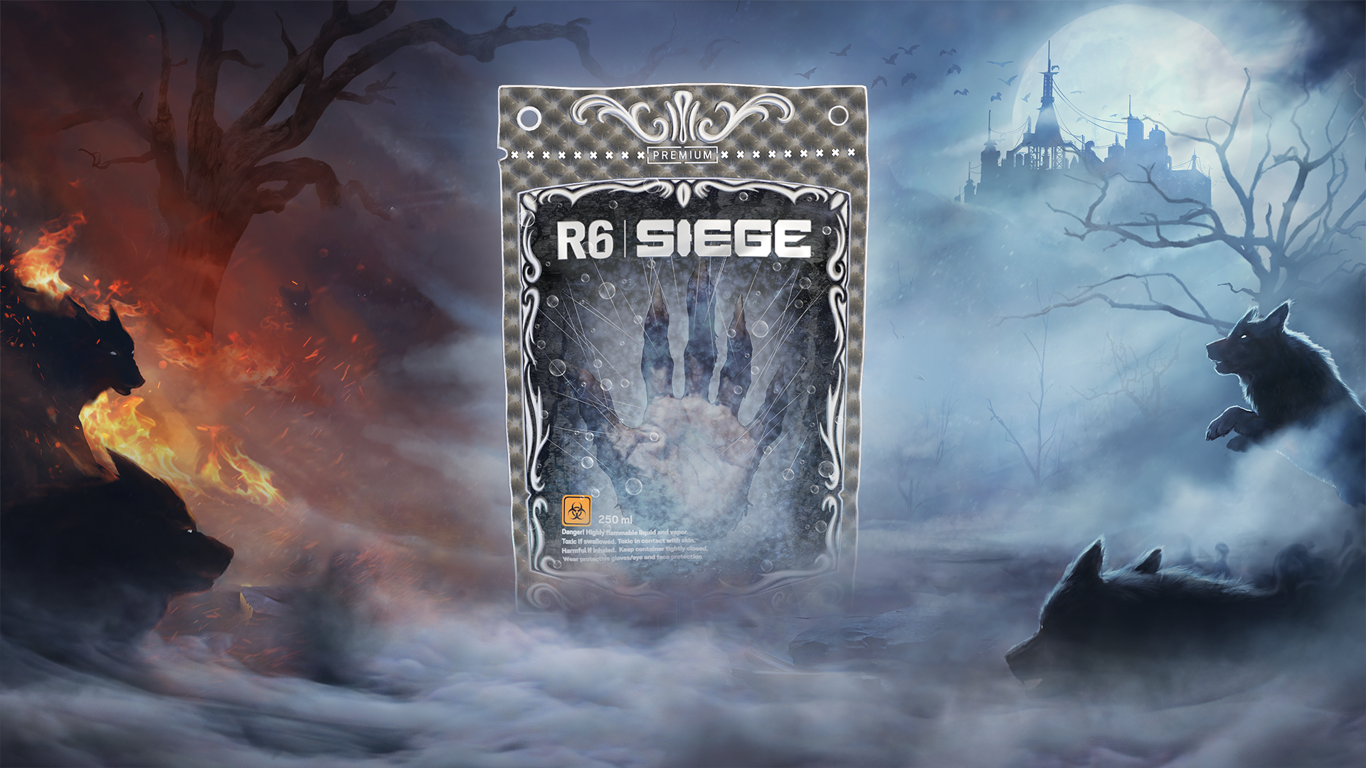 A Rainbow Six Siege Premium event pack showing a clawed hand, set between wolves, a moon and a castle in mist