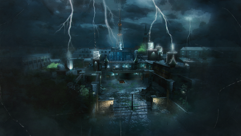 A walled laboratory compound under a stormy night sky with lightning striking the towers, the Doktor's Lab map in Rainbow Six Siege