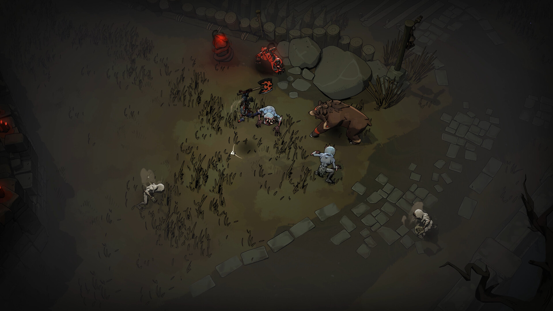 An overhead view of an axe-wielding hero beside a large brown bear in a dark grass clearing, surrounded by pale crawling creatures