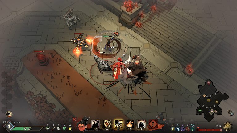 An overhead view of a hero swinging a large axe in a stone courtyard among wolves, fire-throwing creatures and a red-clad ally, with ability icons along the bottom