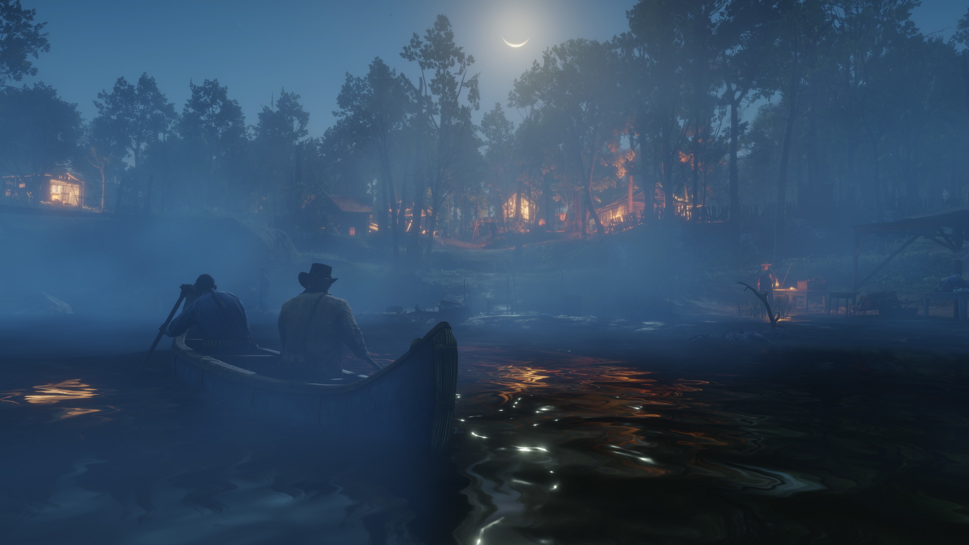 Two men paddle a canoe across dark water at night towards a lit camp under the moon