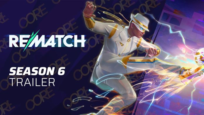 Thumbnail for the Rematch Season 6 trailer, with the Rematch logo and the words Season 6 Trailer beside a footballer in a white suit and hat with a blue visor, kicking a ball wrapped in lightning.