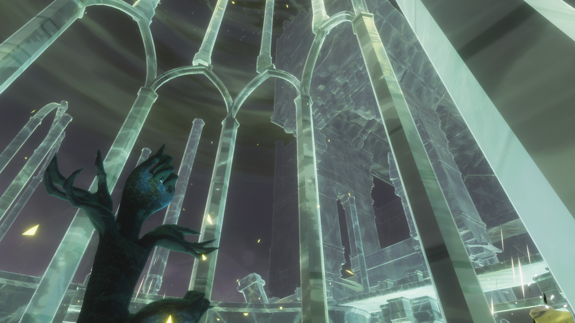 A dark clawed figure stands among towering pale glass arches and columns lit from above