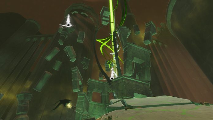 Floating green stone ruins and broken columns around a beam of green light under a dark orange sky