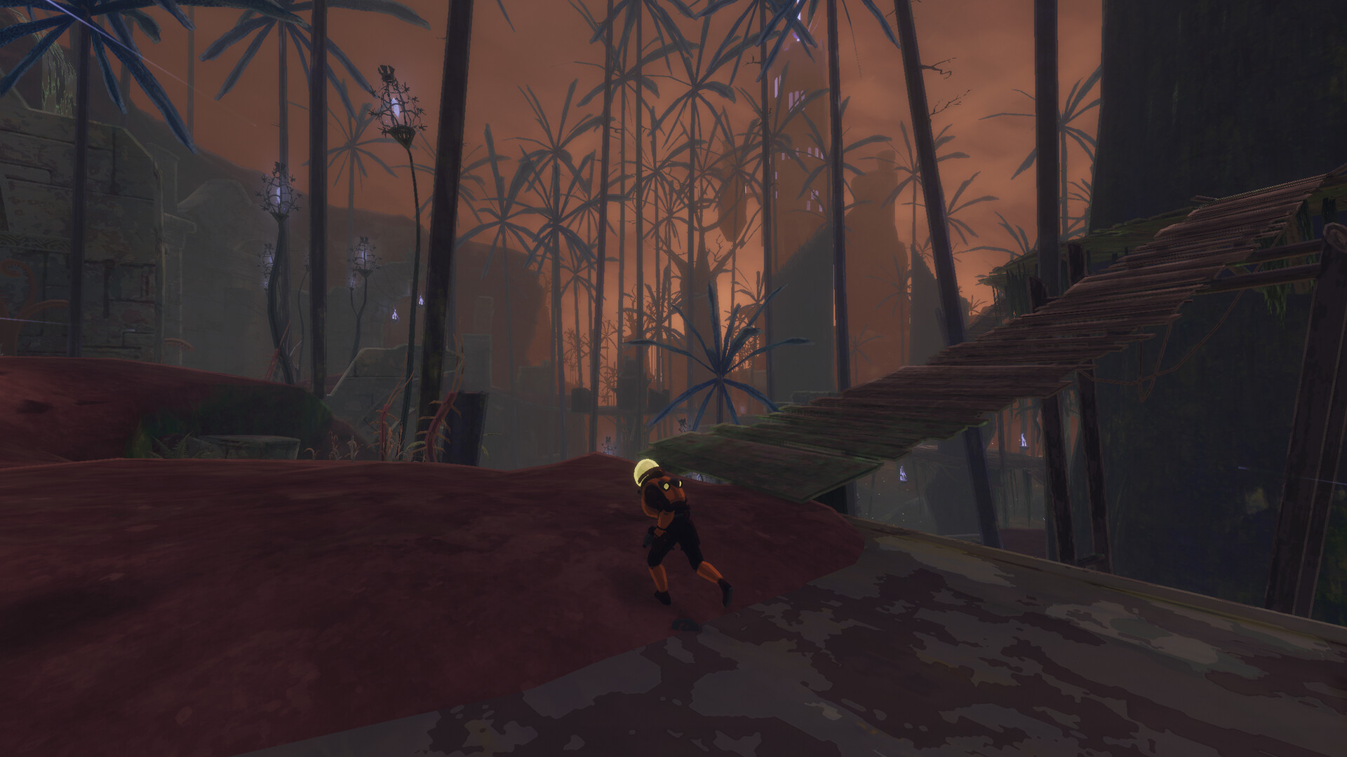 A survivor runs across red ground in a dusky forest of tall stalks, with a wooden walkway and hanging lanterns