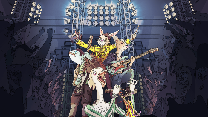 An animal-headed rock band, with a rabbit drummer in a yellow jacket, a fish-headed bassist, a goat guitarist and a long-necked bird singer, performs under stage lights in front of a silhouetted crowd