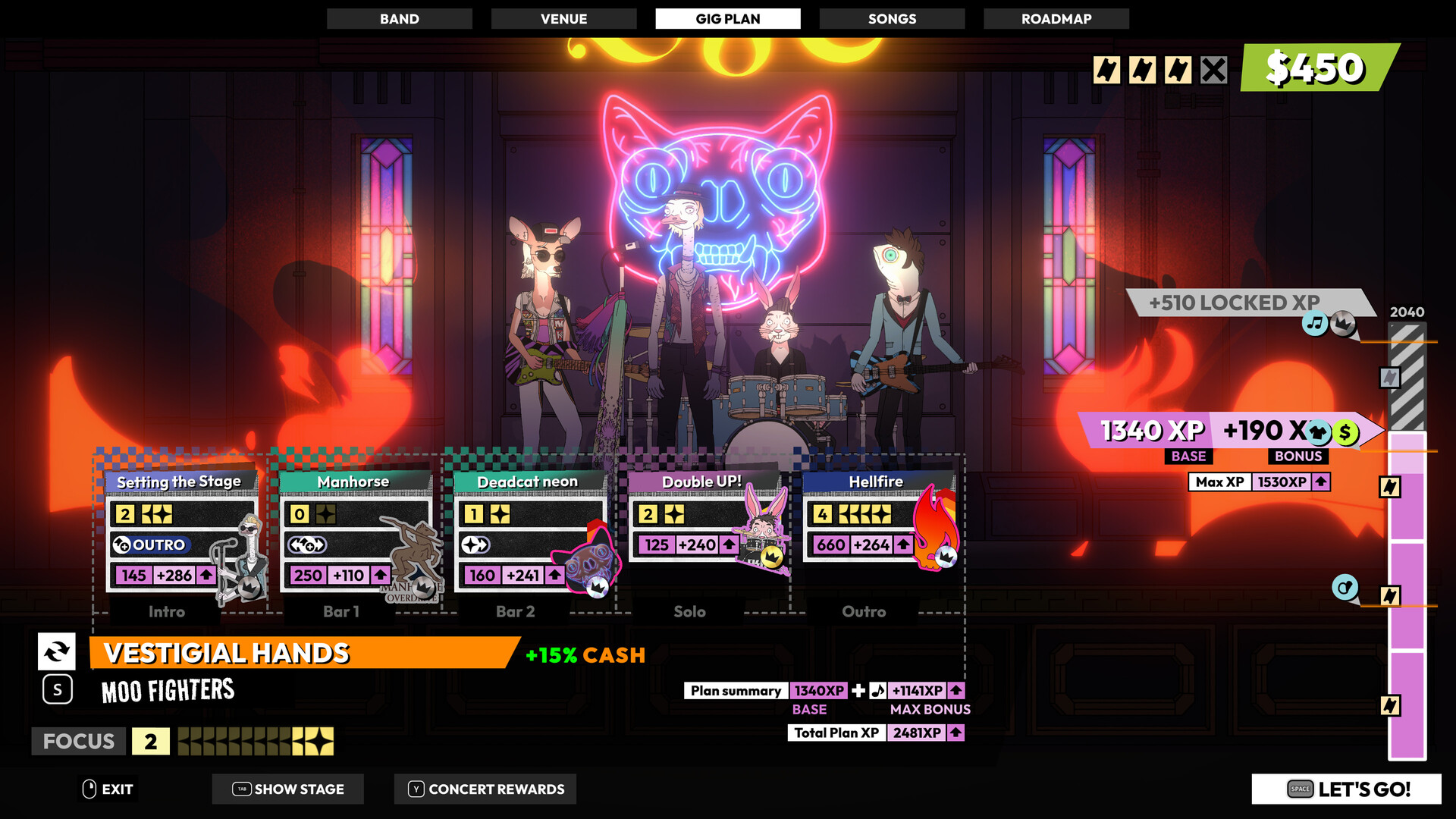 The gig plan screen in Rockbeasts shows an animal-headed band on a stage under a neon cat skull, with song cards for the intro, bars, solo and outro along the bottom
