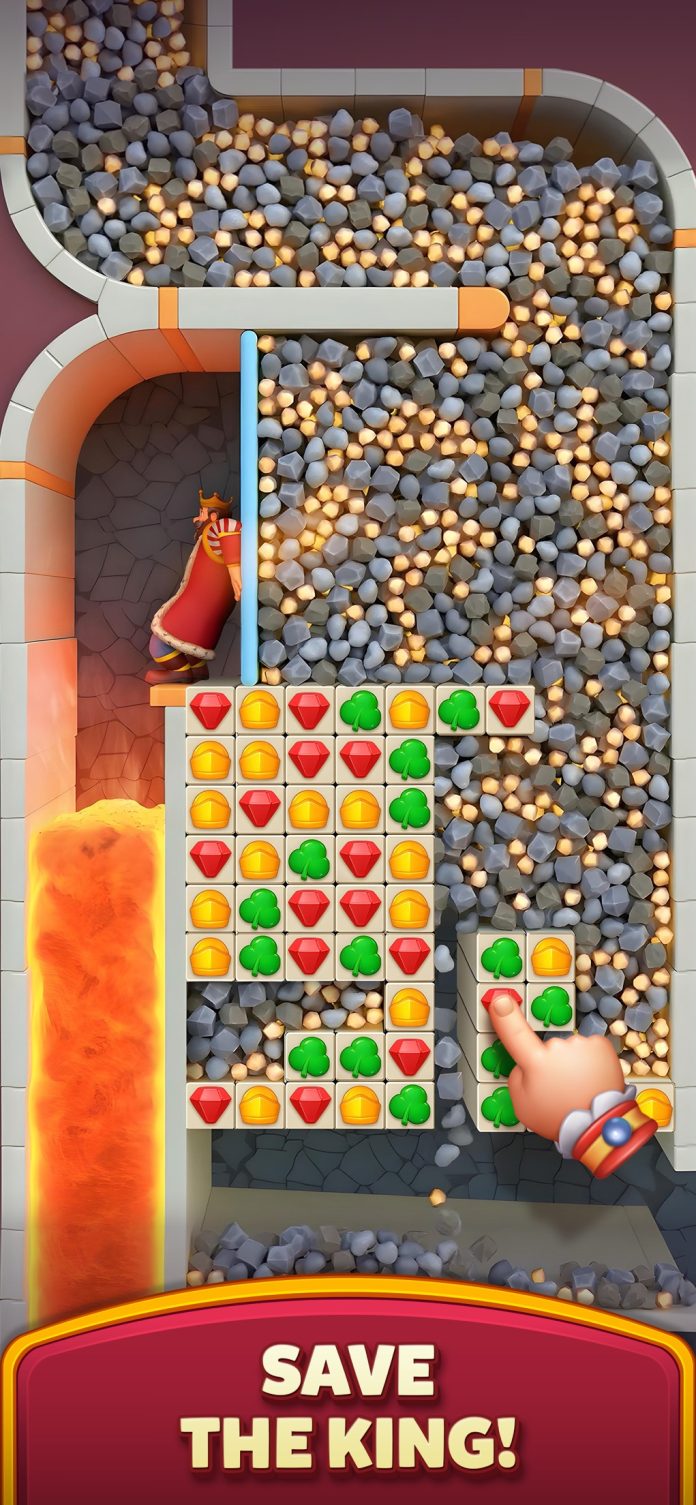 Royal Kingdom: a match puzzle board with a king and a trapped pile of rocks, captioned Save the King and Drop the Rocks.