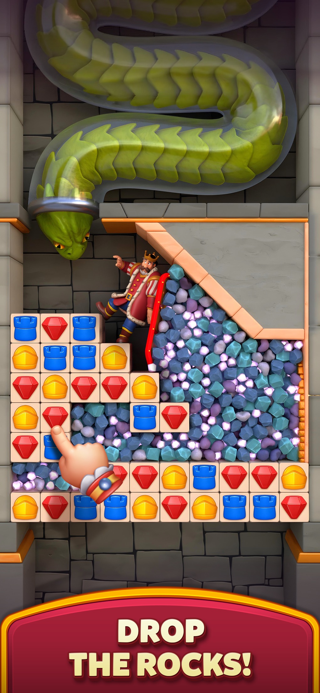 Royal Kingdom: a match puzzle board captioned Drop the Rocks, with a green serpent coiled above the board.