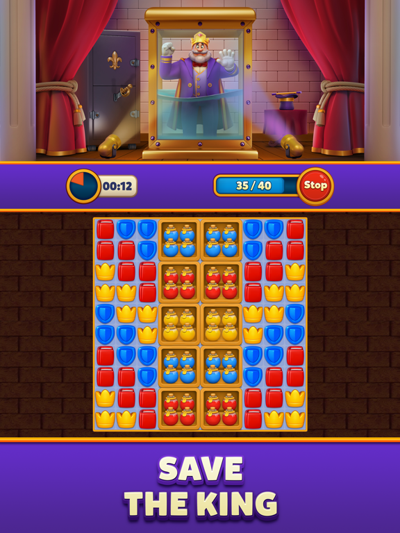 Royal Match App Store screenshot: the king trapped in a glass box above a board of coloured tiles, with the words Save The King.