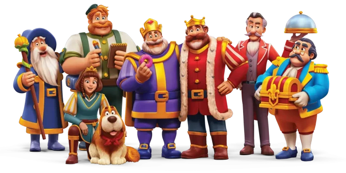 Royal Match characters stand in a line, including the king in a red cape, a bearded wizard and a dog at the front.