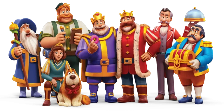 Royal Match characters stand in a line, including the king in a red cape, a bearded wizard and a dog at the front.
