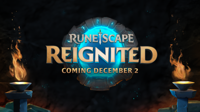 The RuneScape Reignited logo on a glowing blue stone ring between two flaming braziers, with the words Coming December 2