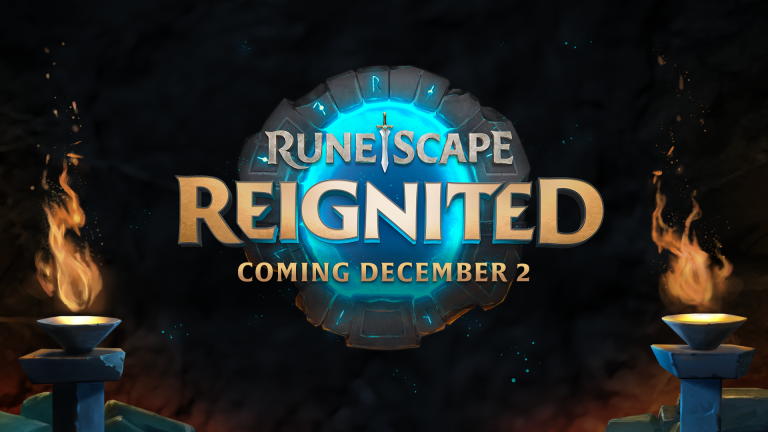 The RuneScape Reignited logo on a glowing blue stone ring between two flaming braziers, with the words Coming December 2