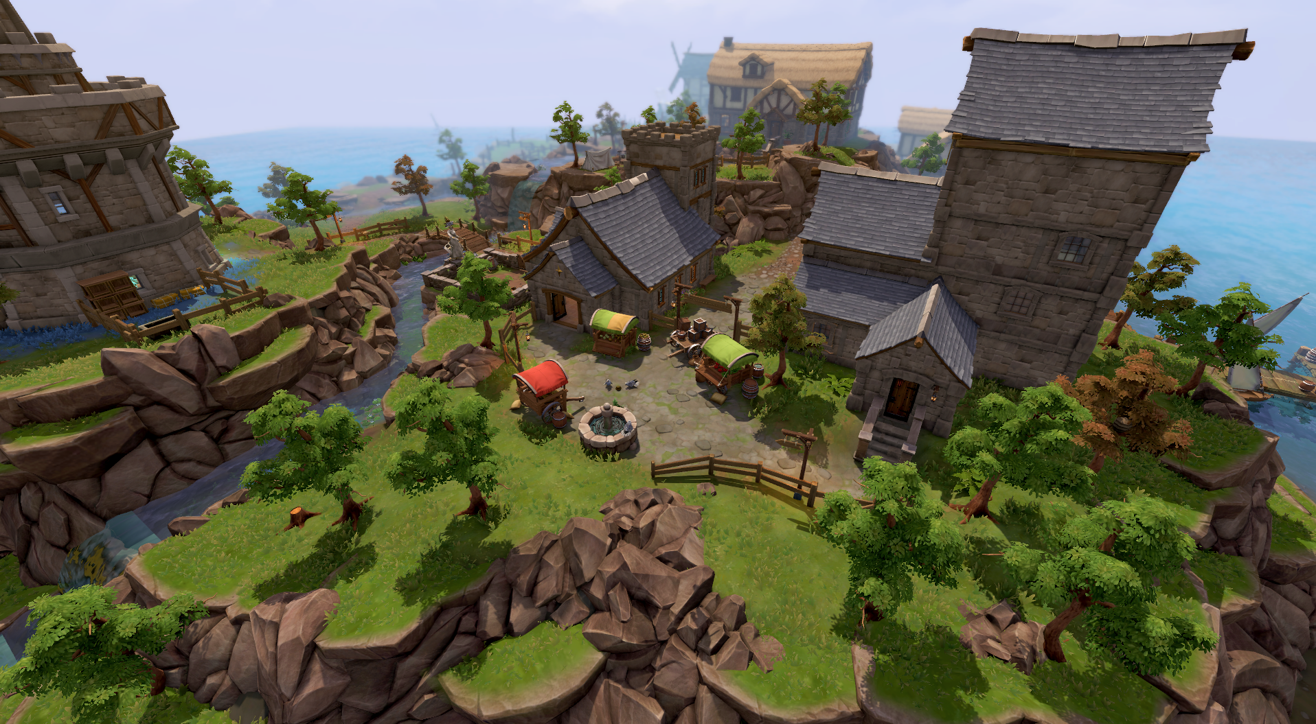A remastered RuneScape village of stone and timber buildings, market carts and a well on a grassy clifftop by the sea