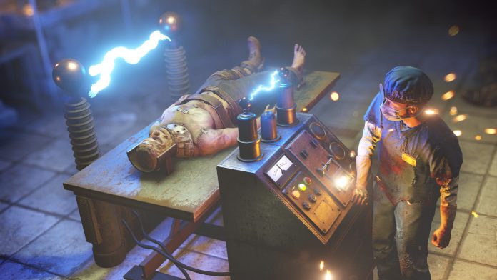 A Rust screenshot of a Frankenstein-style monster on an operating table with electric arcs, beside a masked scientist at a control panel.