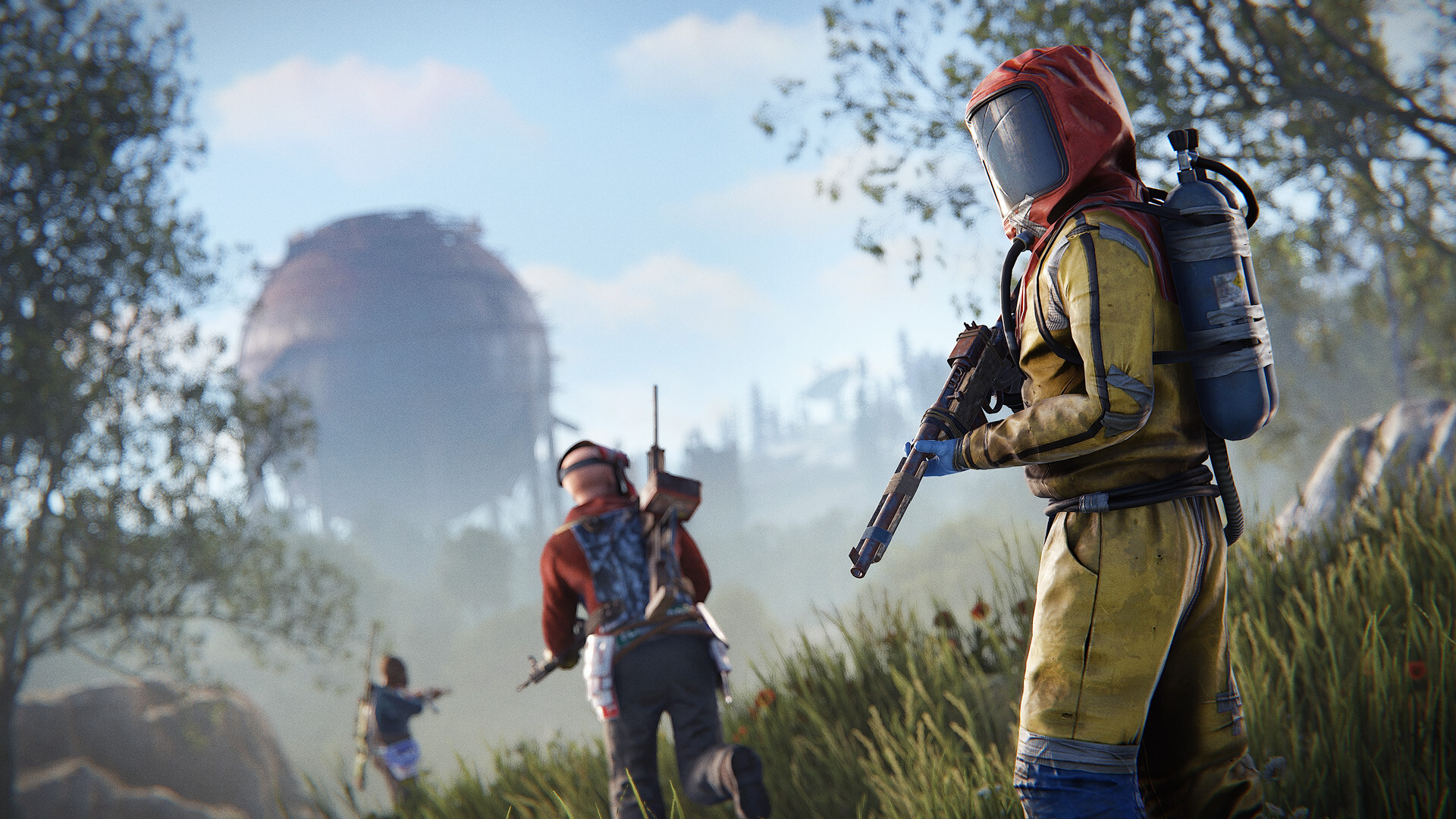 A Rust screenshot of three survivors in hazmat suits and hoods walking through grass towards a large dome-shaped structure.