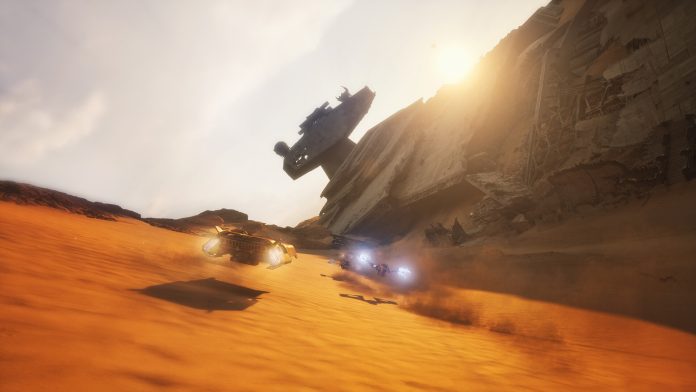 STAR WARS: Galactic Racer screenshot. Image: Secret Mode Podracer-style craft race across desert sand beneath a crashed Star Destroyer