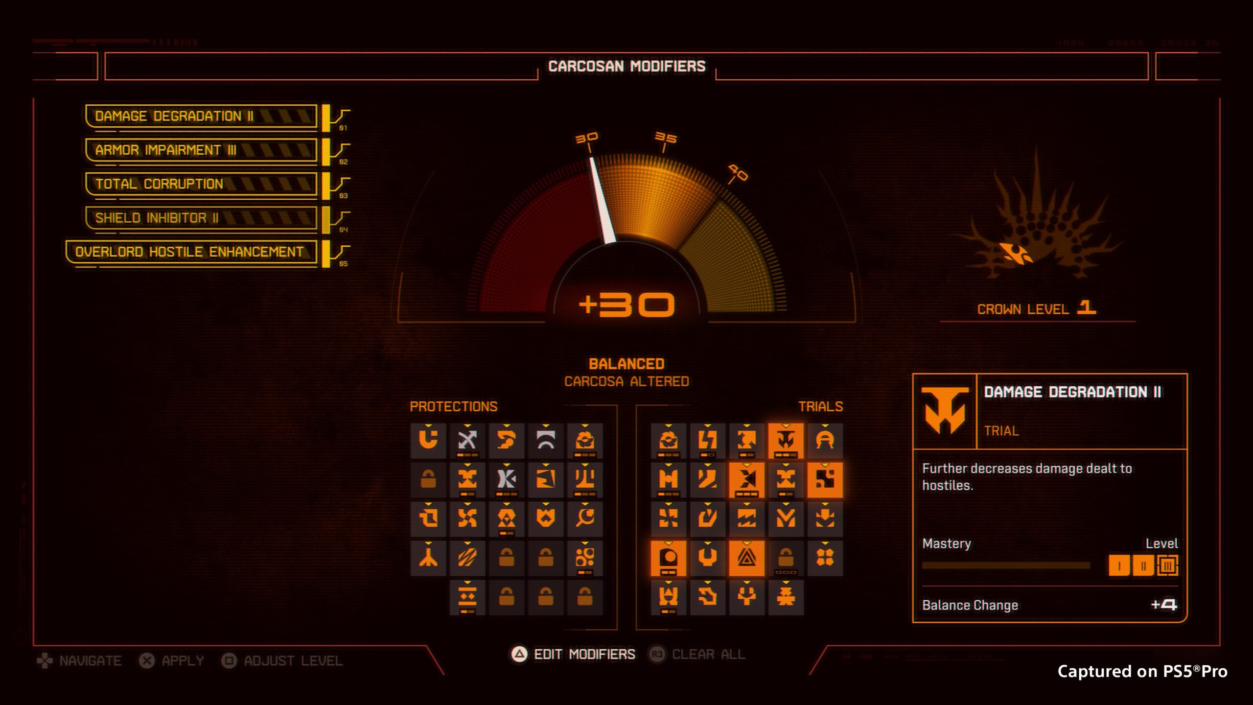 The Carcosan Modifiers screen in Saros, with Protections and Trials grids, a Crown Level 1 marker and a +30 balance dial