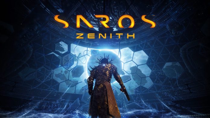 Key art for Saros: Zenith, showing a spiked, gold-lit armoured figure facing a glowing circular opening in a dark blue chamber, with the title above