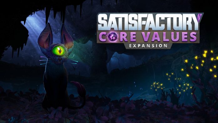 Satisfactory Core Values Expansion. Image: Coffee Stain Studios A dark cave creature with one glowing green eye beside the Satisfactory Core Values Expansion logo
