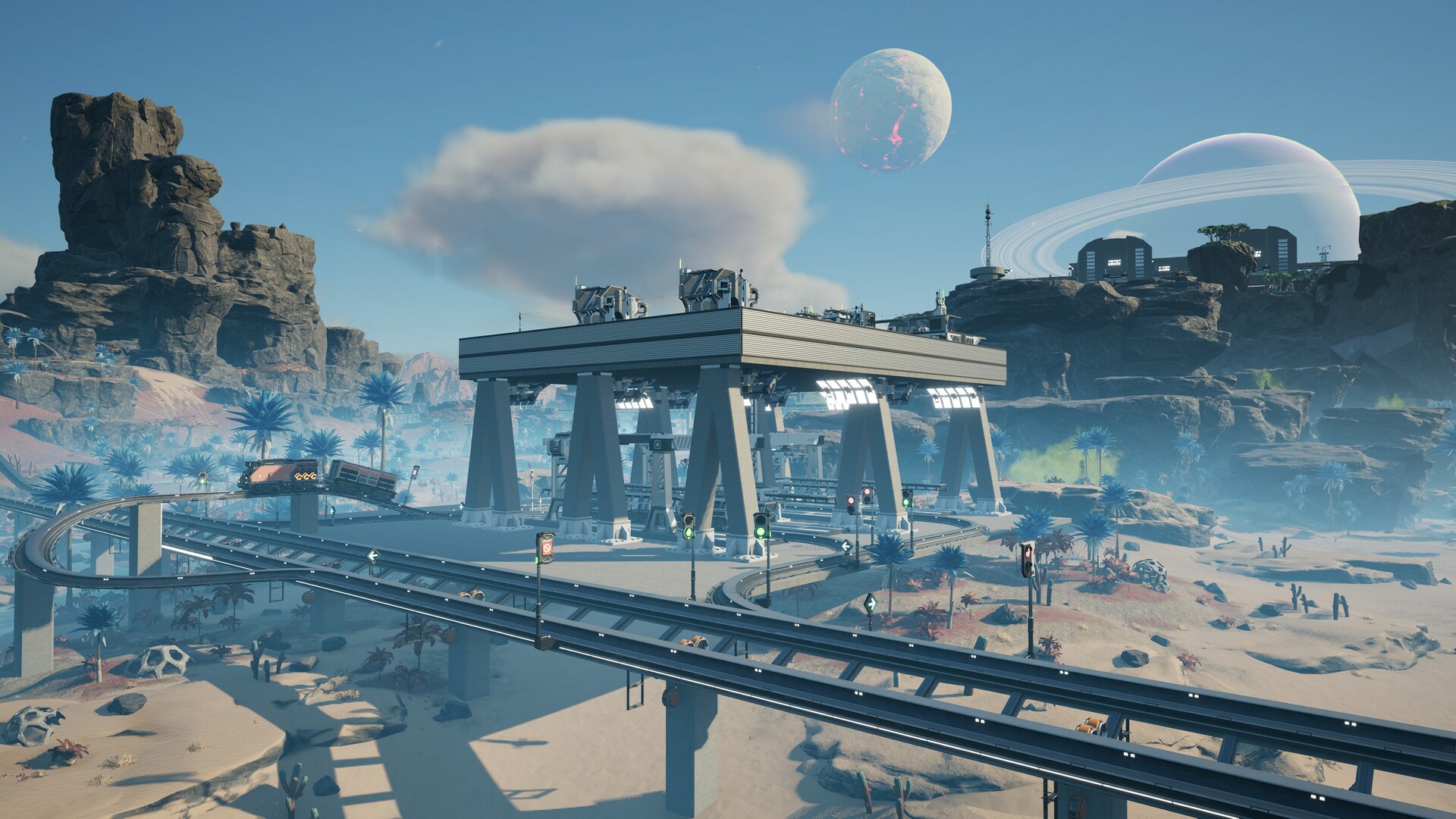 An elevated factory platform and conveyor lines stretch across a desert, with a ringed planet in the sky