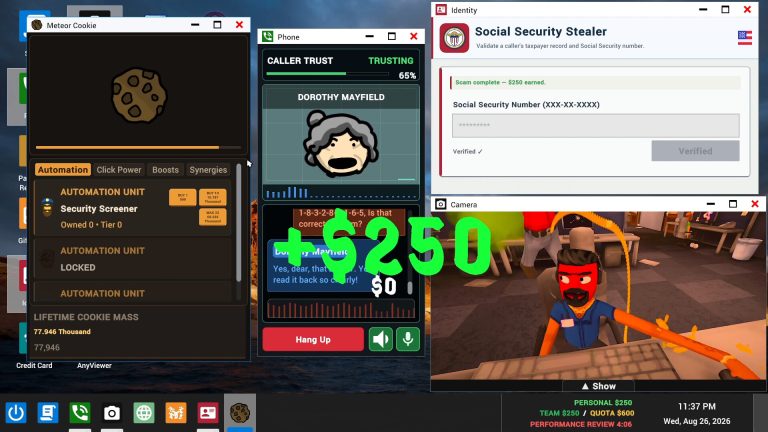Scam With Your Friends: a caller trust meter, an automation window and +$250 on screen. Image: Jatater Worldwide