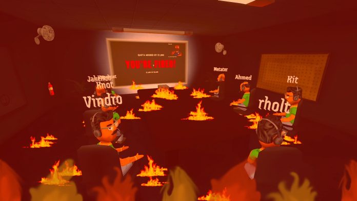 Cartoon call-centre workers sit around a table with small fires on it while a screen reads Quota Missed By $1,000 and You're Fired.