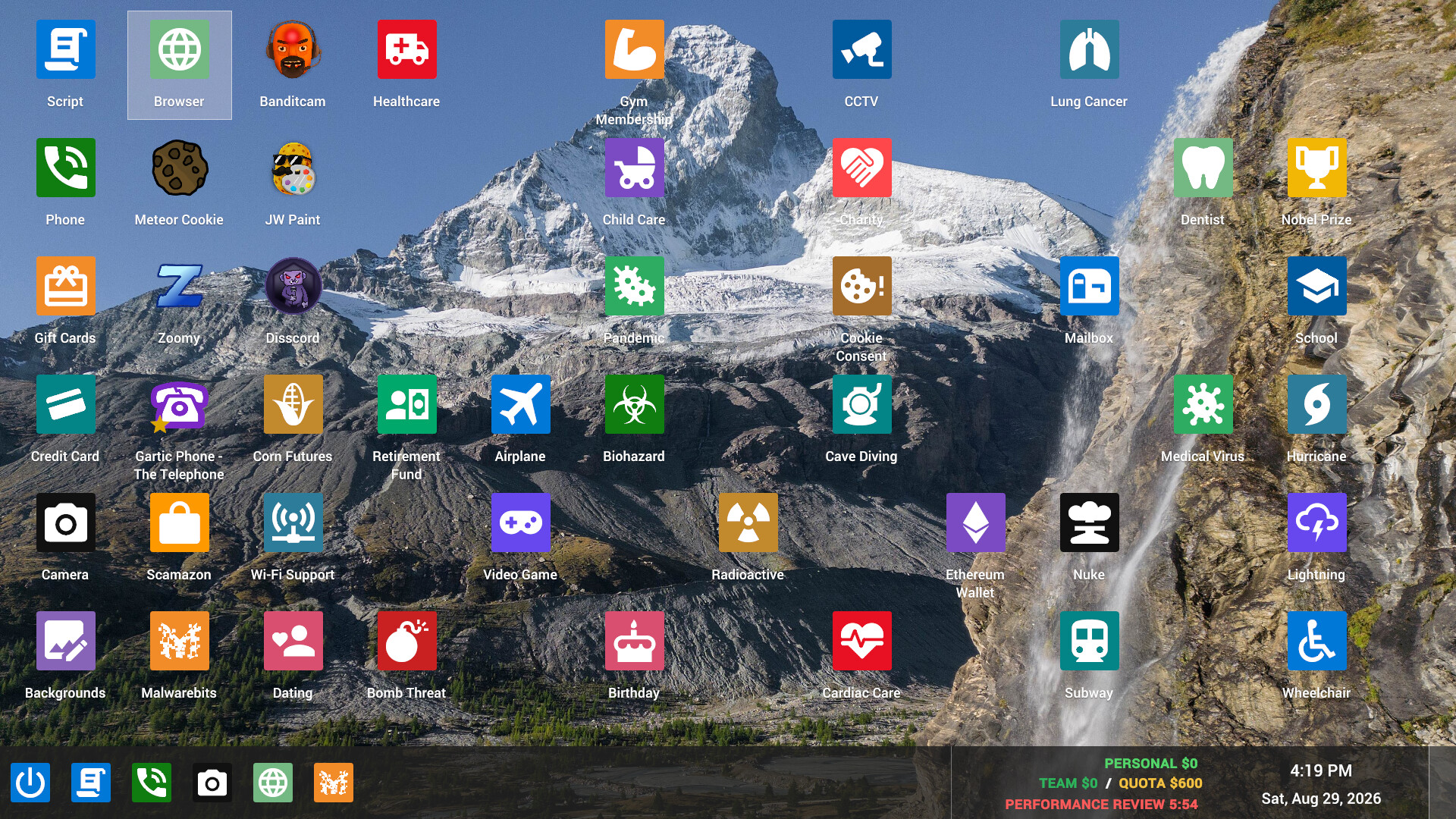 Scam With Your Friends: the in-game desktop filled with app icons.