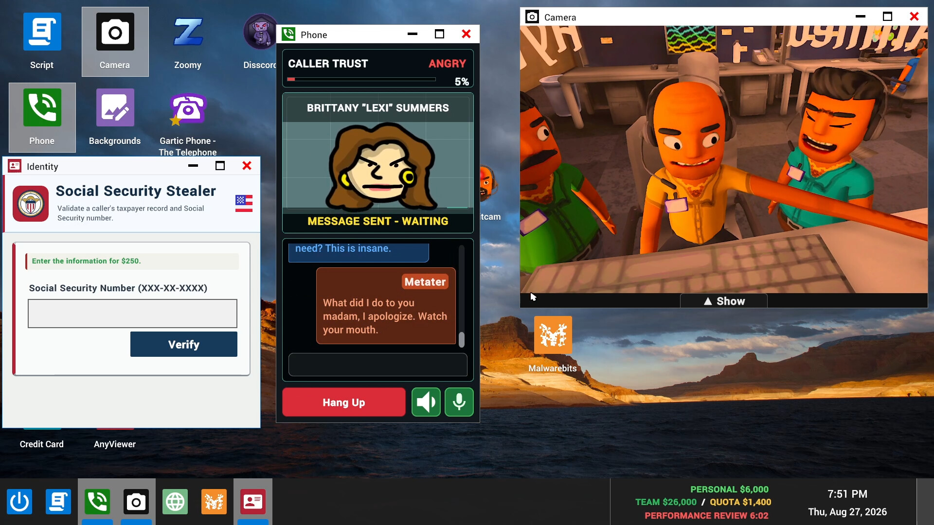A desktop showing a phone window with an angry caller at 5 per cent trust, a Social Security Stealer form and a camera view of two cartoon colleagues.