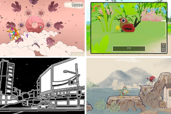 A grid of four screenshots from Screen Australia-funded games, including a pink flower-filled scene, a red fish creature and a black and white cityscape