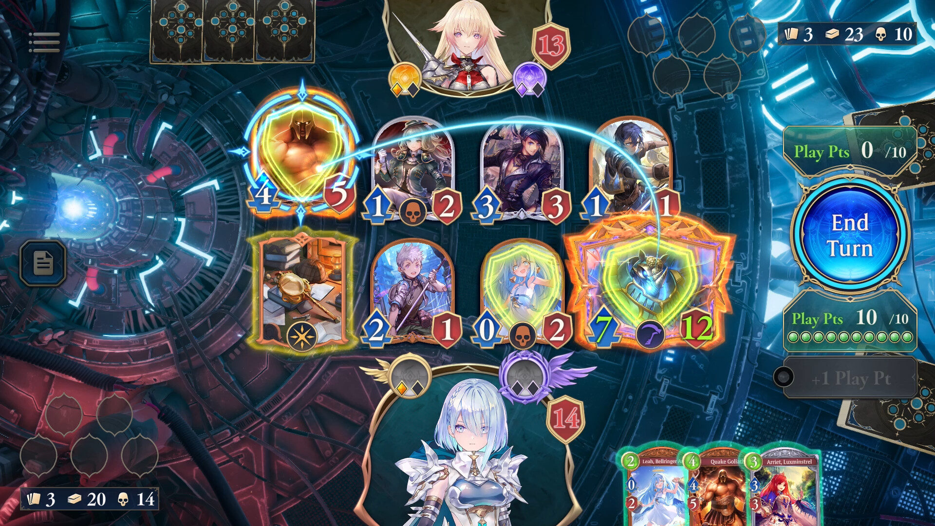 A Shadowverse: Worlds Beyond match in progress, with followers on the board, play points and an End Turn button