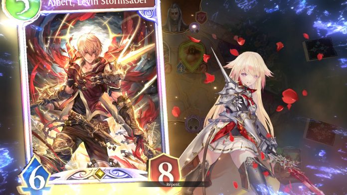 Shadowverse Worlds Beyond card art screenshot. Image Cygames A large animated card of Albert, Levin Stormsaber, beside a white-haired swordswoman among red petals in Shadowverse: Worlds Beyond