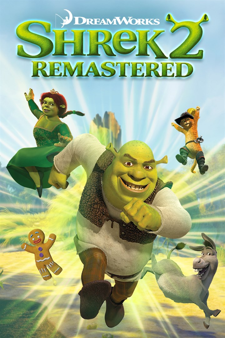 Shrek 2 Remastered cover art: the DreamWorks logo and game title above Shrek, Fiona, Puss in Boots, Donkey and Gingy.