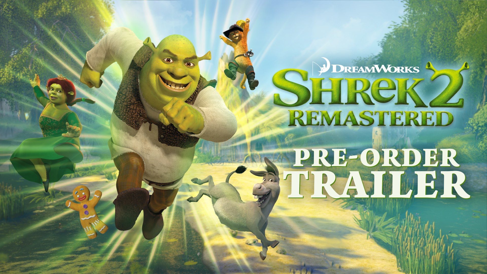 Shrek 2 Remastered pre-order card: the game title and the words Pre-Order Trailer beside Shrek, Fiona, Puss in Boots, Donkey and Gingy.