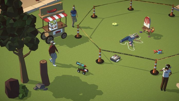 Silly Suspects: a taped-off crime scene on a lawn with a chalk outline, an ice cream cart and a toy car. Image: Classy Games